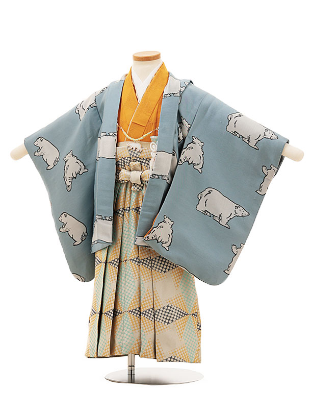 七五三レンタル(3歳男袴)F602ブルーグレー白くま×ベージュ袴