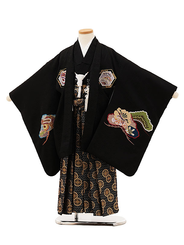 七五三レンタル(5歳男袴)F610黒地刺繍兜×黒袴