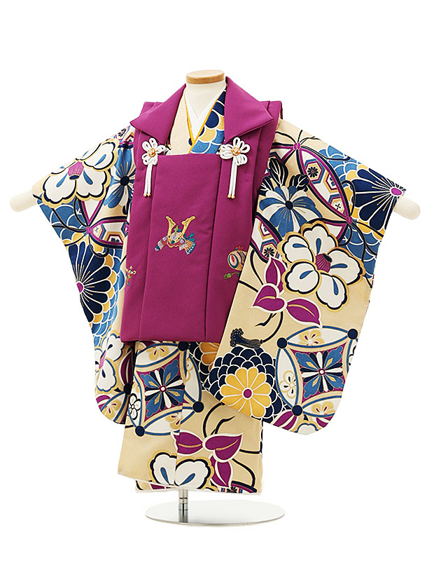 七五三レンタル(3歳男児被布)W016パープル刺繍兜xベージュ菊椿