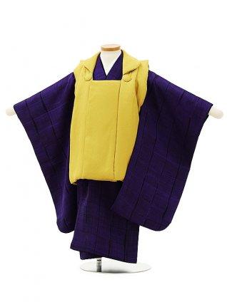 七五三レンタル(3歳男児被布)W018【正絹】からし色x紫変わり格子