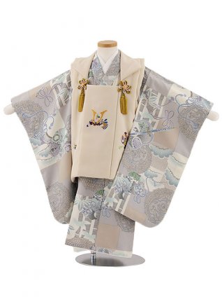 七五三レンタル(3歳男児被布)W271 ベージュ刺繍兜×グレー軍配に龍