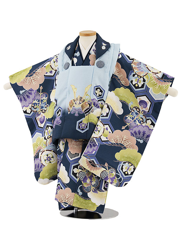 七五三レンタル(3歳男児被布)W323 水色に紺兜×亀甲紋に松
