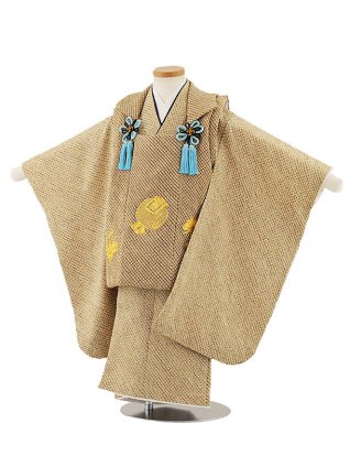 七五三(3歳男児被布)W341【高級正絹】キャメル絞り金コマ刺繍宝尽くし