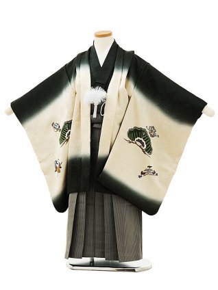 七五三レンタル(5歳男袴)X147【高級正絹】深緑地紙に兜x黒グレー縞袴