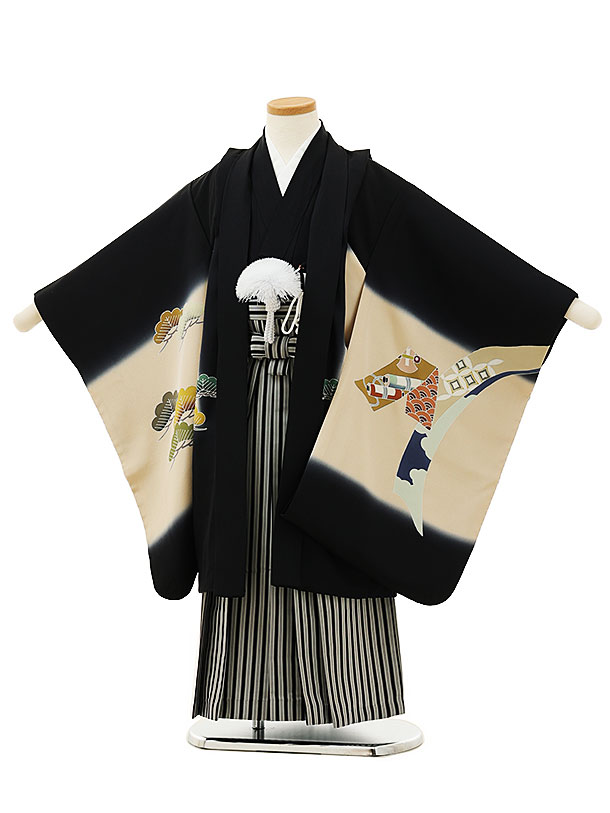 七五三レンタル(5歳男袴)X169【高級正絹】黒地松に束ねのしx黒縞袴