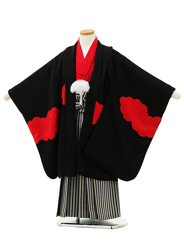 七五三レンタル(5歳男袴)X179【高級正絹】黒地赤雲取りx黒縞袴