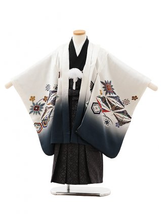七五三(5歳男袴)X594【正絹】白地裾紺 吉祥文様に鷹×紺