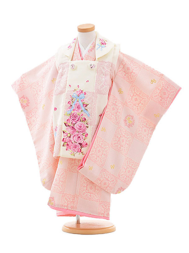 七五三レンタル(3歳女の子被布)3209白×ピンク鈴に花ち | 着物レンタルの京都かしいしょう