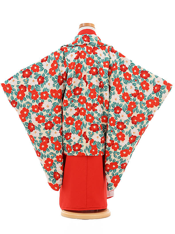七五三レンタル(3歳女の子被布)3283ﾚﾄﾛｸﾘｰﾑ椿×赤 | 着物レンタルの京都
