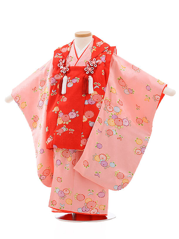 七五三レンタル(3歳女被布)3497 赤×ﾋﾟﾝｸ地 小花 | 着物レンタルの京都