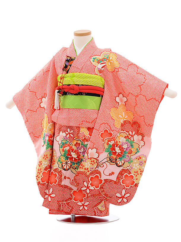 七五三レンタル 3歳女結び帯 3502 ﾋﾟﾝｸ地 鹿の子 花車 着物レンタルの京都かしいしょう
