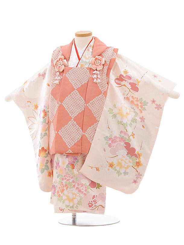七五三(3歳女子被布) 3508 cotocomachi ﾋﾟﾝｸ×ｸﾘｰﾑ 花 | 着物レンタルの京都かしいしょう