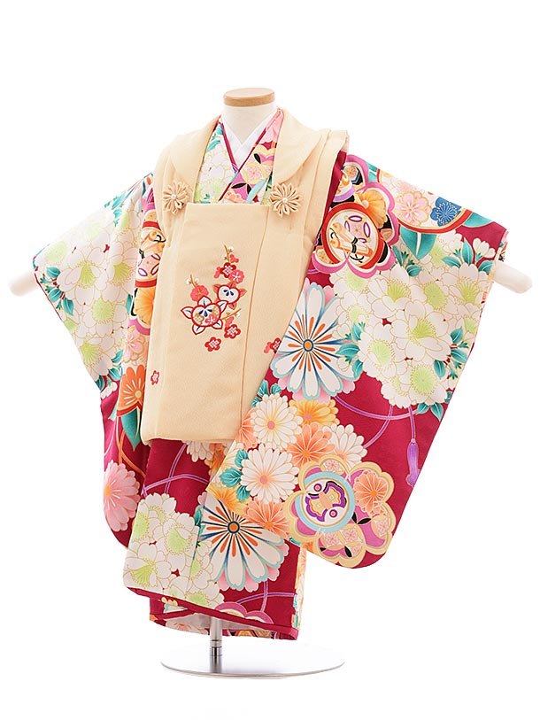 七五三(3歳女被布)3641 ﾍﾞｰｼﾞｭ×赤紫 薬玉 | 着物レンタルの京都かしい 