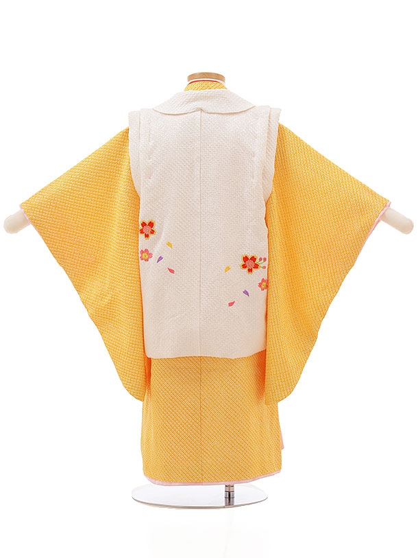 七五三レンタル(3歳女の子被布)3690 正絹絞り刺繍 白まりx黄色 | 着物 