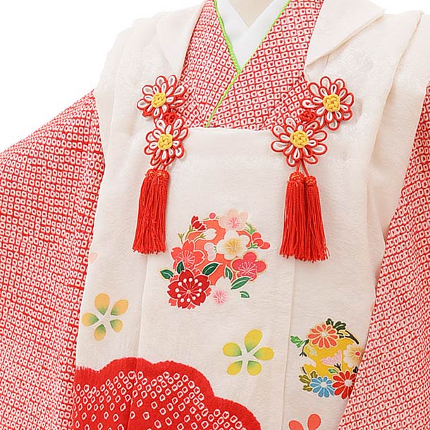 七五三レンタル(3歳女の子被布)3691 正絹絞り刺繍 白赤雲取りx赤絞り 着物レンタルの京都かしいしょう