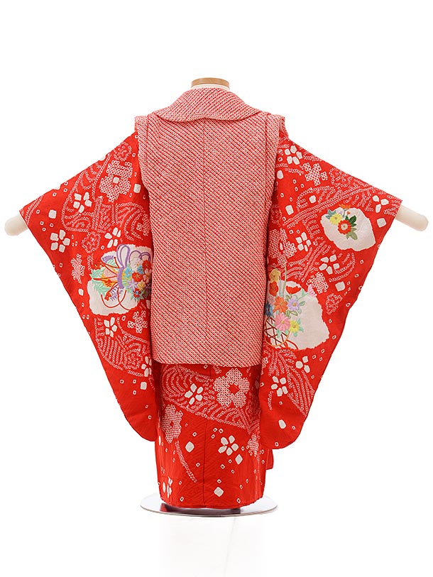 七五三レンタル(3歳女の子被布)3695 正絹絞り刺繍 赤絞りまり刺繍 