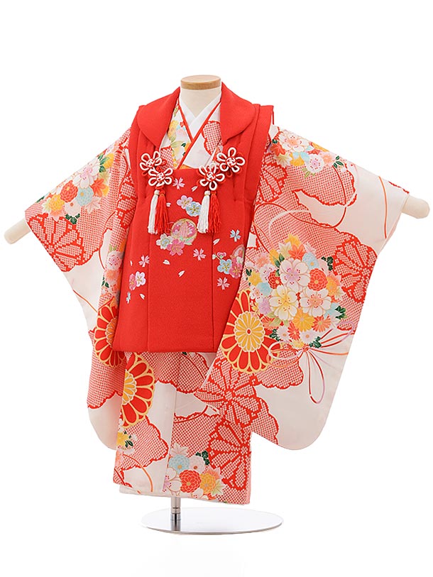 七五三レンタル 3歳女の子被布 3703赤x白地薬玉 着物レンタルの京都かしいしょう