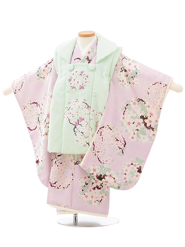 七五三(3歳女児被布)3778NATURALBEAUTY桜刺繍薄緑×パープル