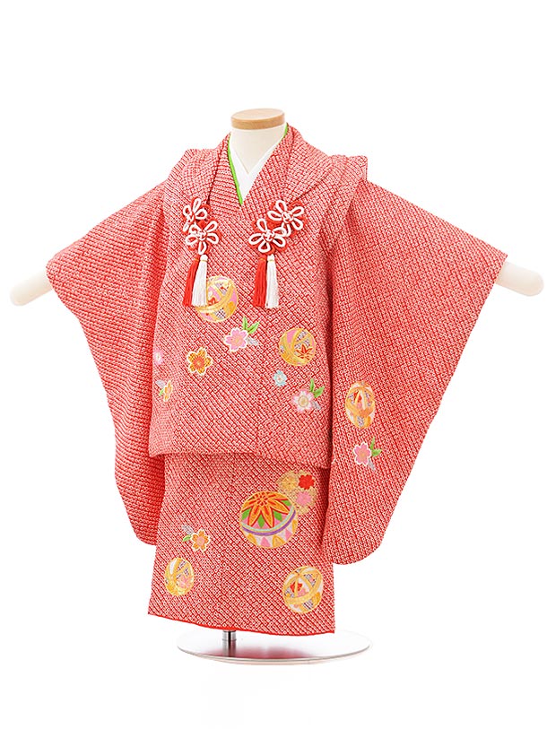 七五三レンタル(2歳女児被布)3806正絹赤総絞り桜まり刺繍 | 着物