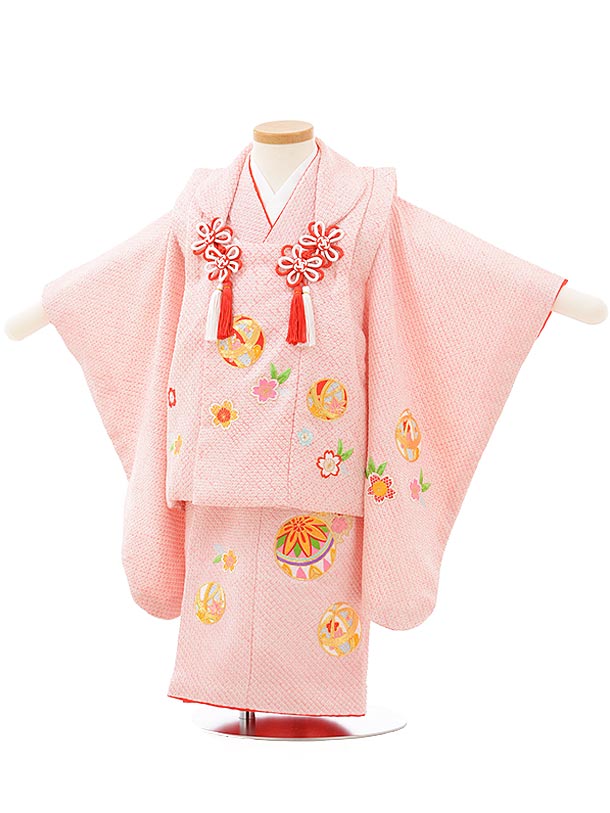 七五三レンタル(2歳女児被布)3807正絹ﾋﾟﾝｸ総絞り桜まり刺繍 | 着物