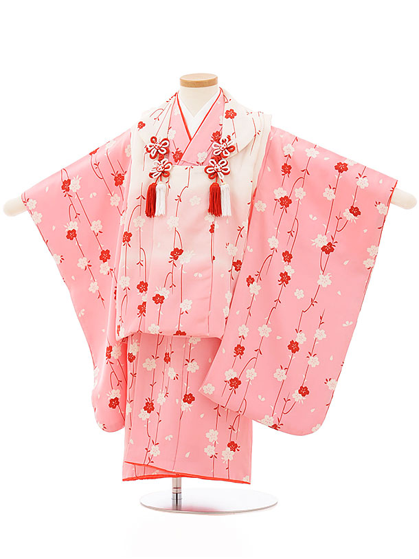 七五三レンタル(3歳女児被布)正絹 3865白ピンクぼかしxピンク桜