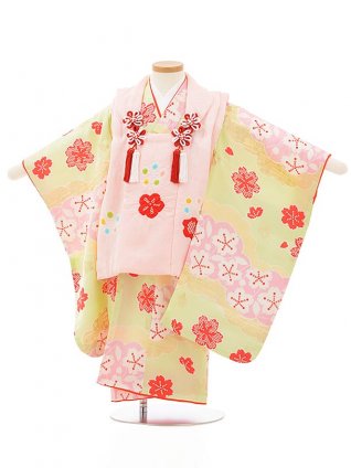 七五三(3歳女児被布)正絹 3868ピンク梅xひわ色雲取り桜