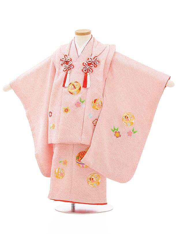 七五三レンタル(3歳女児被布)正絹 3885ピンク地絞り桜鞠刺繍