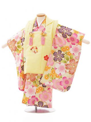 七五三レンタル(3歳女児被布)3899うす黄色刺繍桜xうぐいす色桜