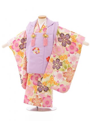 七五三レンタル(3歳女児被布)3900藤色刺繍桜xうぐいす色桜