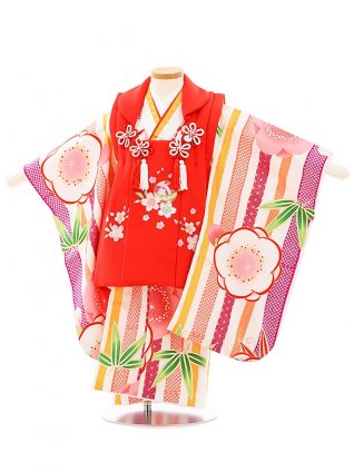 七五三レンタル(3歳女児被布)3932赤刺繍桜x白縞梅