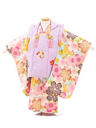 七五三レンタル(3歳女児被布)3944パープル刺繍梅桜x水色桜