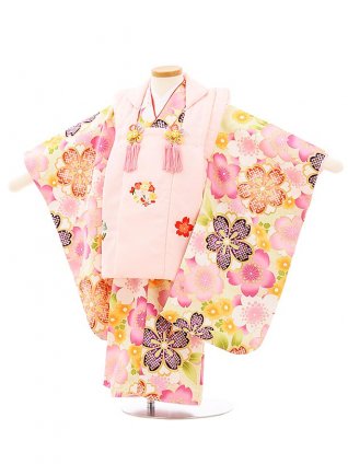 七五三レンタル(3歳女児被布)3946ピンク刺繍梅桜xうすグリーン桜