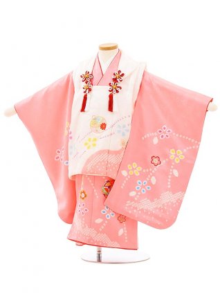 七五三(3歳女児被布)正絹3947白刺繍鈴xピンク刺繍まり桜