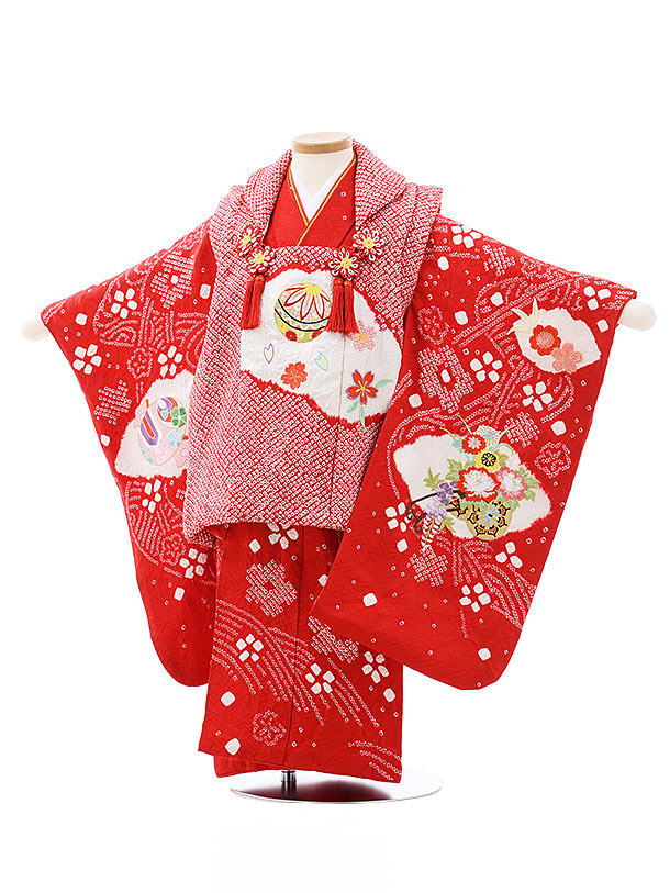 七五三レンタル(3歳女児被布)4036【正絹】赤絞りまり刺繍桜 | 着物 