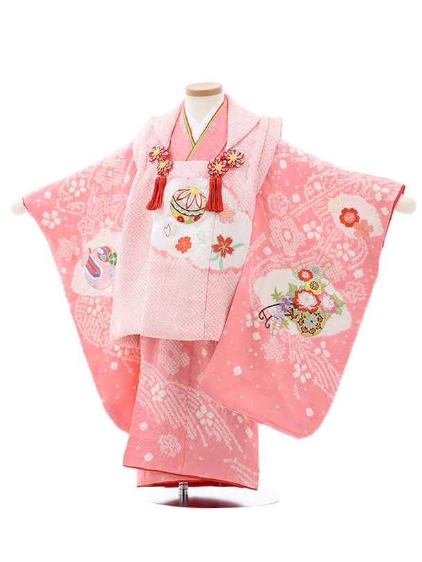 七五三レンタル(3歳女児被布)4037【正絹】ピンク絞りまり刺繍桜