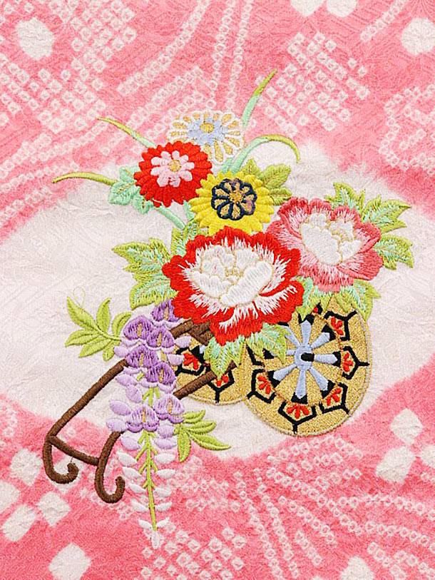 七五三レンタル(3歳女児被布)4037【正絹】ピンク絞りまり刺繍桜 | 着物 