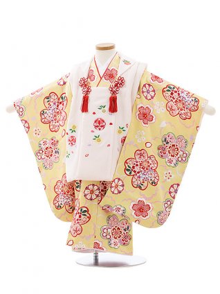 七五三レンタル(3歳女児被布)4041【正絹】薄ピンク刺繍まりx黄色桜