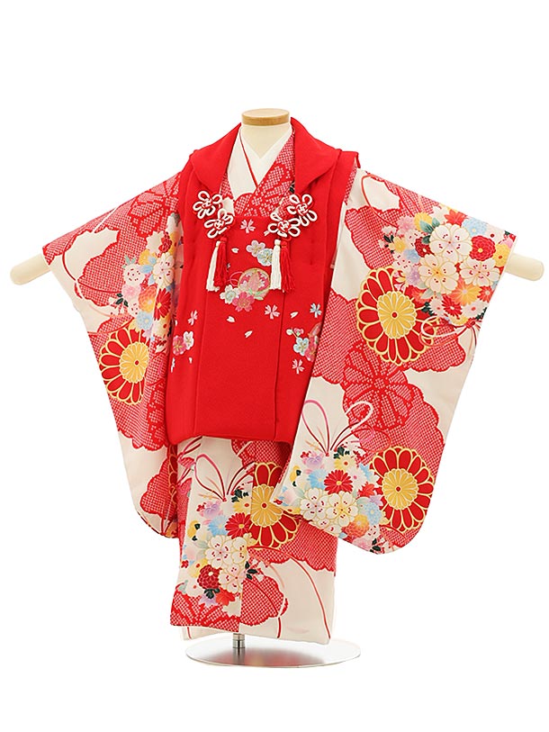 七五三レンタル(3歳女の子被布)4089赤x白地薬玉 | 着物レンタルの京都 
