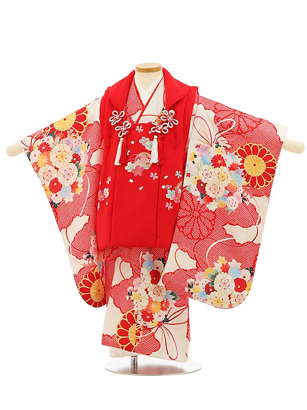 七五三レンタル(3歳女の子被布)4090赤x白地薬玉 | 着物レンタルの京都 