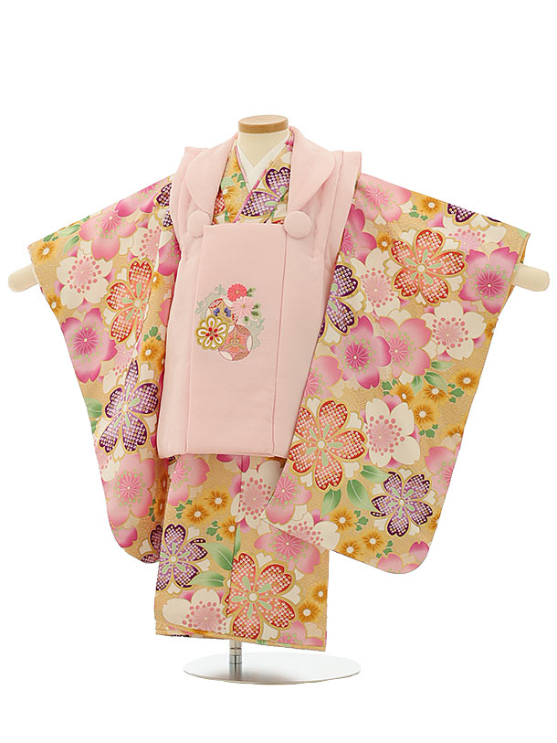 七五三レンタル(3歳女児被布)4094薄ピンク刺繍菊xベージュ地桜