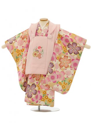 七五三レンタル(3歳女児被布)4095薄ピンク刺繍菊xベージュ地桜