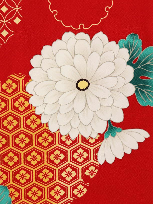 七五三レンタル(3歳女児被布)4144白地刺繍椿x赤大菊 | 着物レンタルの京都かしいしょう