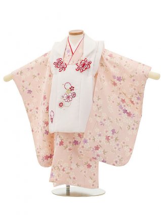 七五三レンタル(3歳女児被布)4150白地刺繍雪輪xうすピンク桜