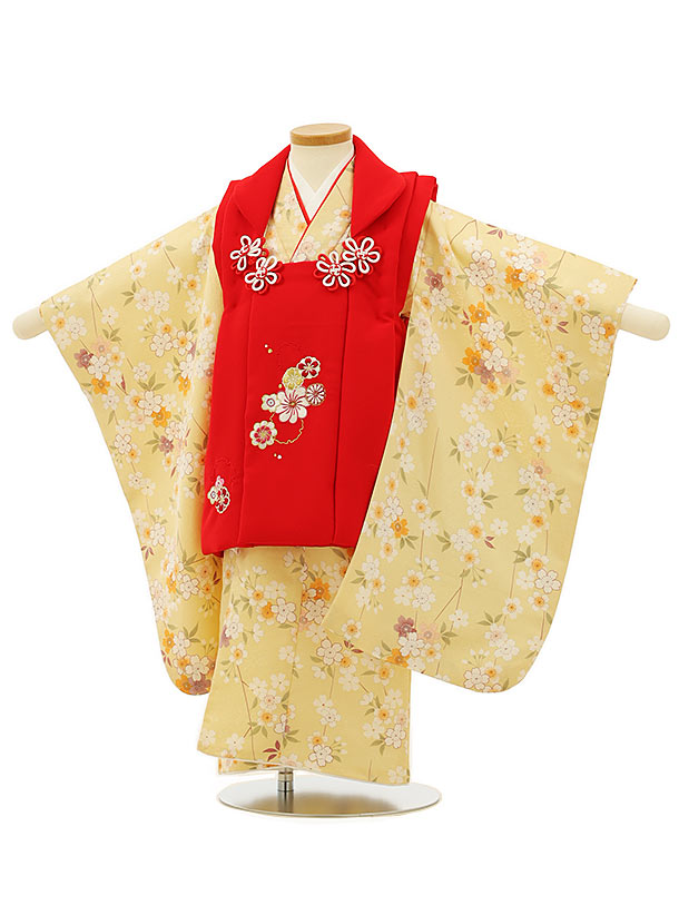 七五三レンタル(3歳女児被布)4152赤地刺繍雪輪xうす黄色桜