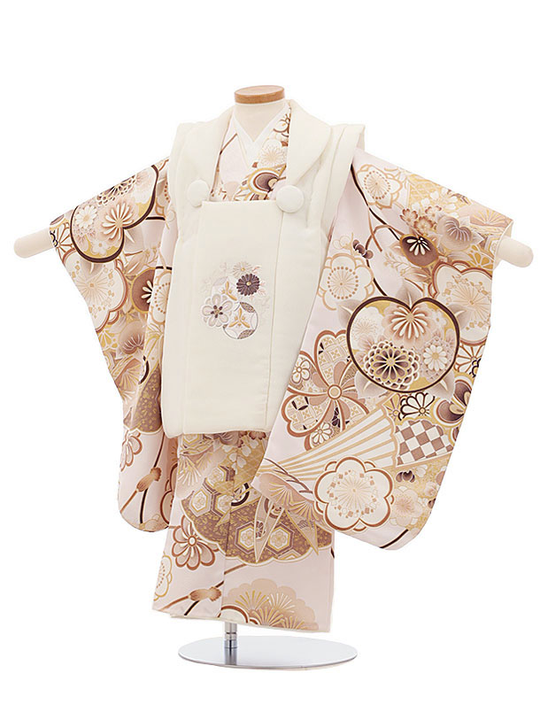 七五三レンタル(3歳女児被布)4170オフホワイト刺繍梅菊xうすピンク古典