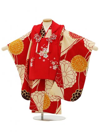 七五三レンタル(3歳女児被布)4188赤刺繍桜まりx赤地菊