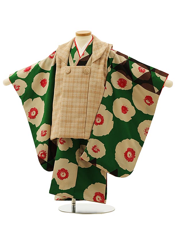 七五三レンタル(3歳女児被布)4151アイボリー刺繍雪輪xうすグリーン七宝小菊 | 着物レンタルの京都かしいしょう