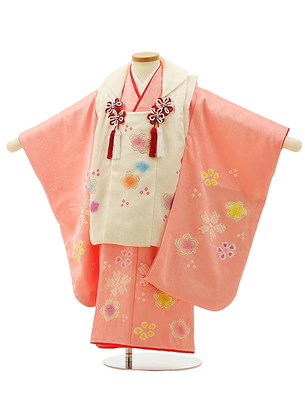 七五三レンタル(3歳女児被布)4258【正絹】白×ピンク桜