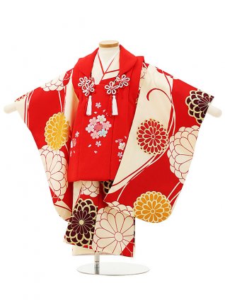 七五三レンタル(3歳女児被布)4305赤刺繍桜x赤菊