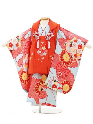 七五三レンタル(3歳女児被布)4309オレンジ刺繍桜x水色薬玉菊